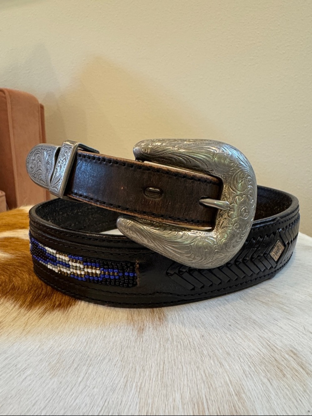 Vintage Tony Lama Black Leather Western Belt with Blue & White Beadwork